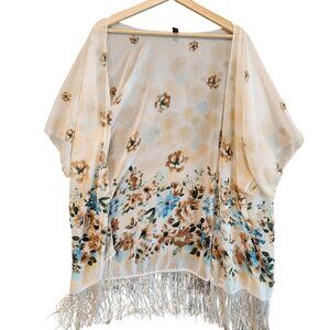 Kimberly C Womens Kimono Tan Brown Blue Floral Fringe Size M Costal Sheer Boho